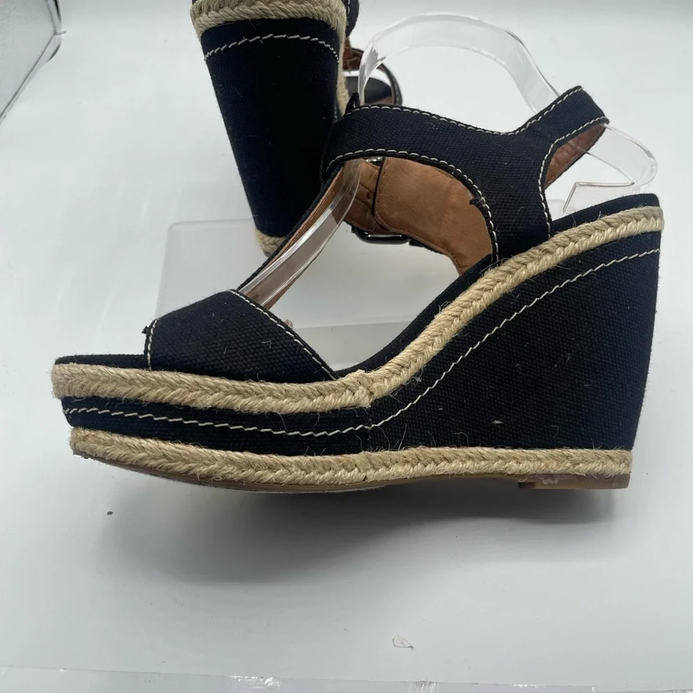 Franco Sarto Black Canvas Wedge Sandals, T strap, buckle side closure size 6.5